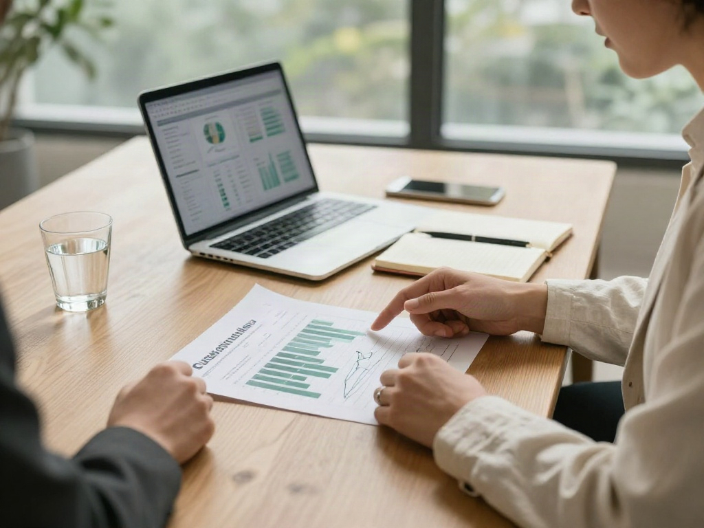A hands-on business review with printed performance charts, an open notebook and a laptop on an oak table